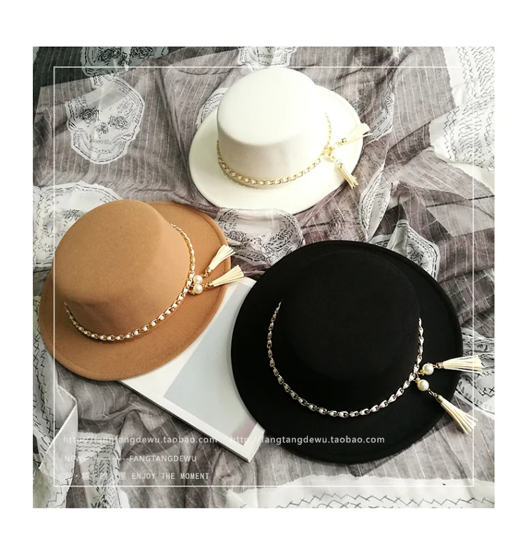 2021 autumn winter British style pearl felt hat fashion pearl chain flat cap casual trend retro fringed wide brim formal hat