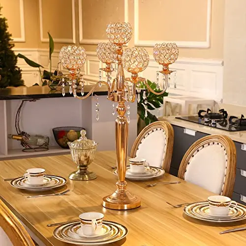 Gold Metal Crystal Candlesticks 5 Arms Crystal Candelabra For Tealight Candles Holders Classic Wedding Party Table Centerpieces
