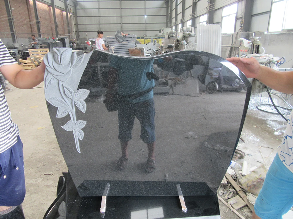 Tear Drop Carved Flower Shanxi Black Granite Headstone For Gravestone