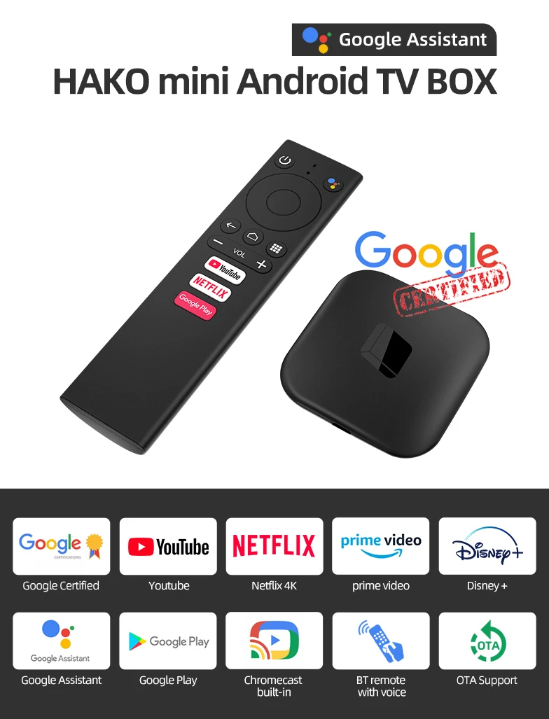 Hako android tv box 2+16gb ram voice control google assistant Google certified tv box 4K