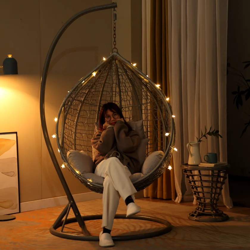 Hot Sell  Outdoor Hanging chairs Rattan patio egg chair wicker swing  Large Chairs with support table outdoor living room