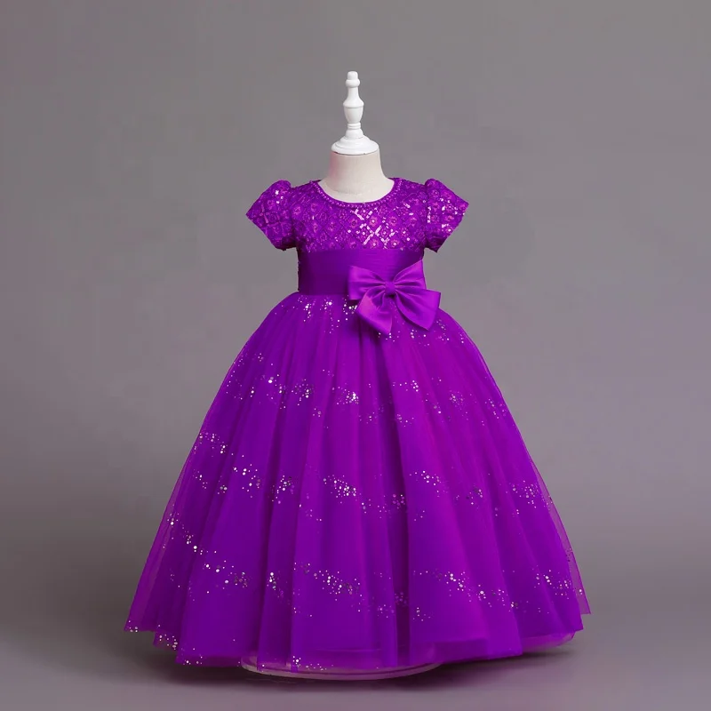 Short Sleeve Kids Girls Princess Sequin Bow Mesh Catwalk Show Girls Red Birthday Party Performance Dress