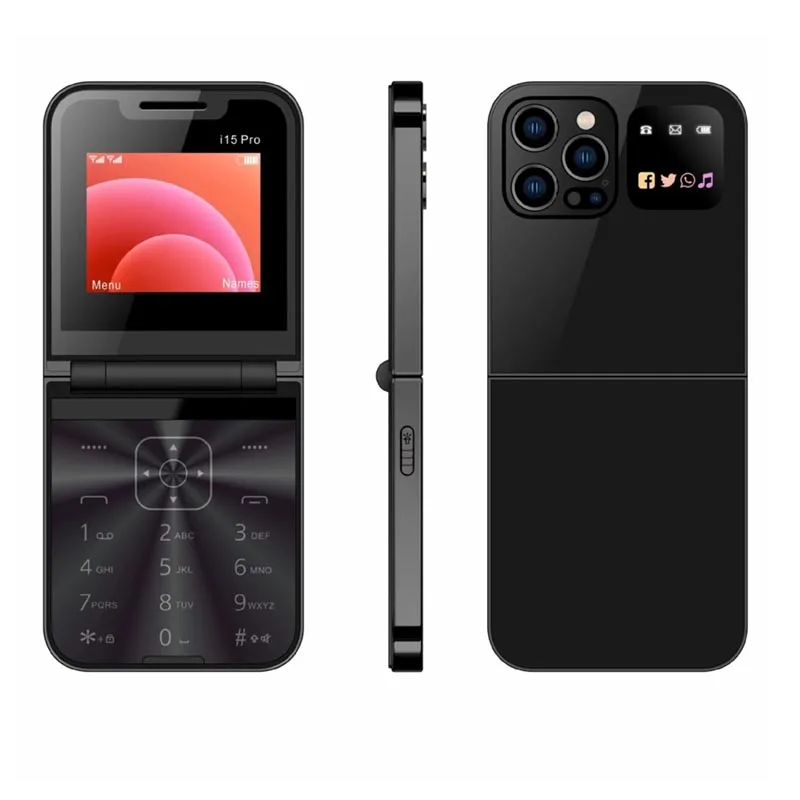i15 Pro High Definition Rear Camera Dual SIM Card Telephones Emergency Cellphones Flip Mobile Phone Auto Call Record Speed Dial