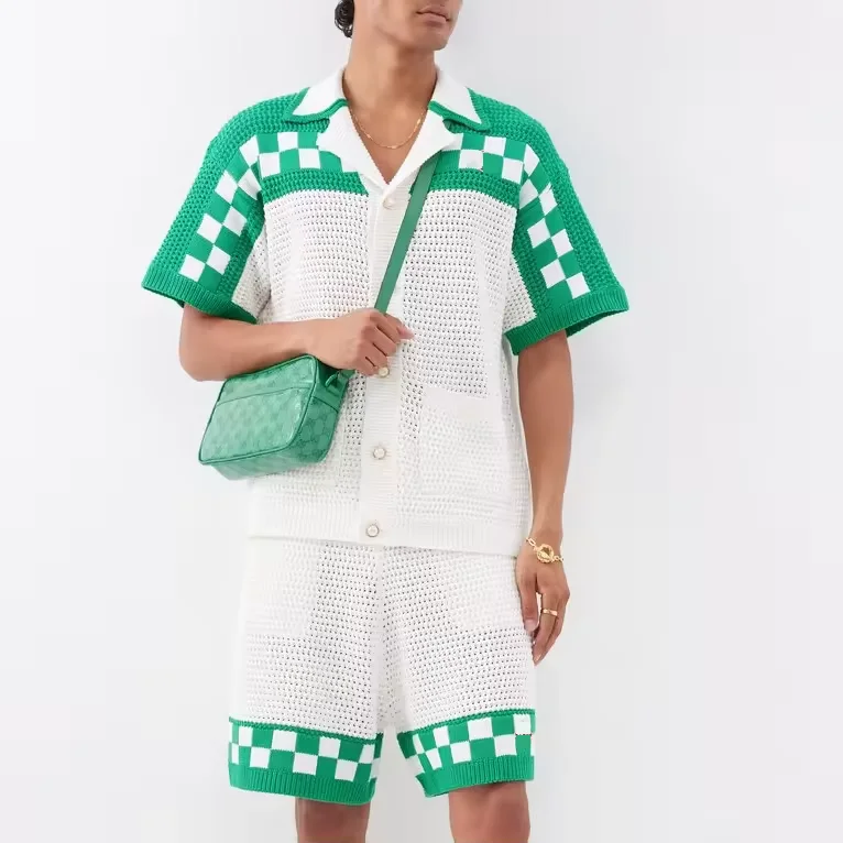 Custom High Quality Knit Crochet Cardigan Summer Mesh Hollow Out Knit Shorts Cotton Designer Crochet Shirt Knitting Set