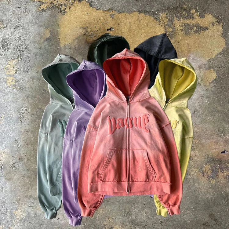 Tracksuit Manufacturer 100% Cotton Heavy Weight Custom Puff Print Acid Wash Sun Faded Zip Up Oversized Hoodies And Sweatpants