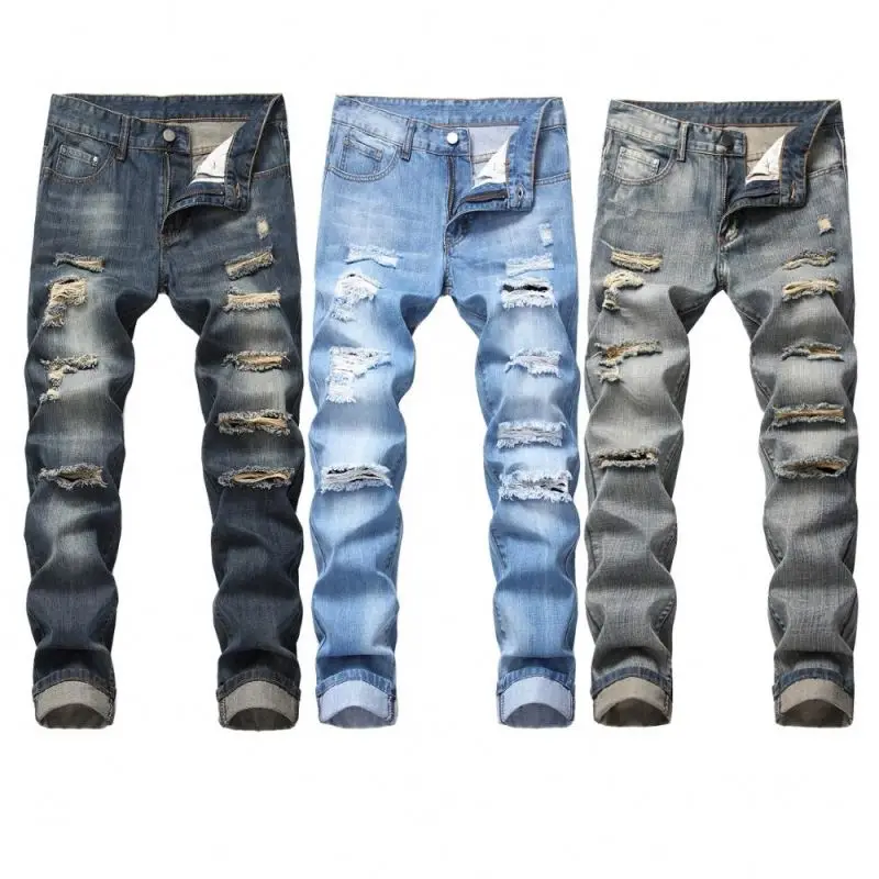 Wholesale Men Long Pants Zipper Pockets Fashion Ragged blue biker jeans trousers man black ripped Destroy Wash jeans