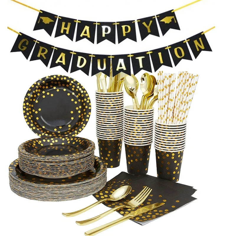 25pack Eco friendly party supplies black gold paper plates cups napkins banners graduation party disposable paper tableware set