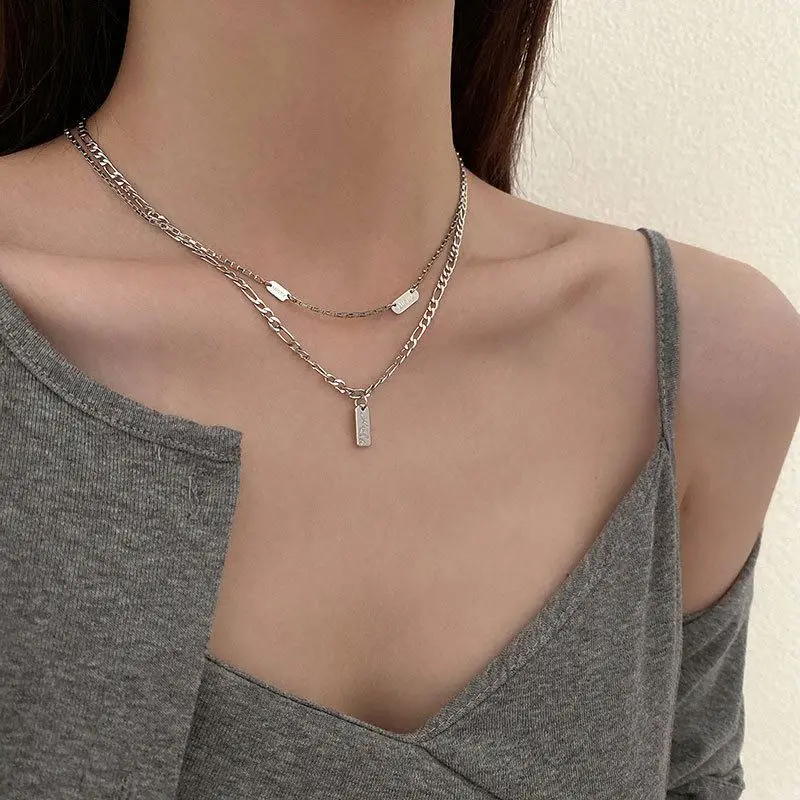 Design sense double layer silver necklace titanium steel hip hop necklace clavicle chain fashion retro women fine jewelry