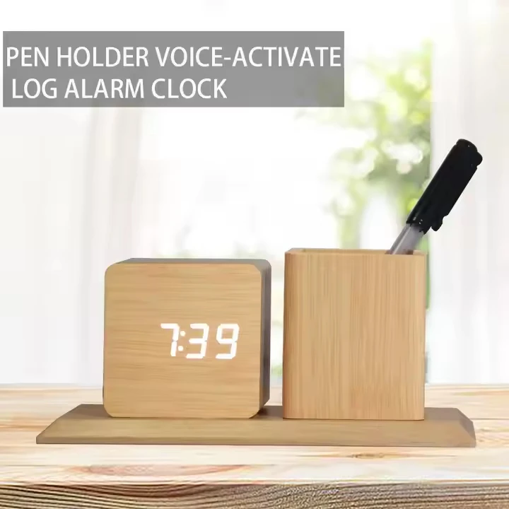 Creative LED Smart Alarm Clock Home Office Desktop Pen Holder Wood Clock Smart Electronic Clock