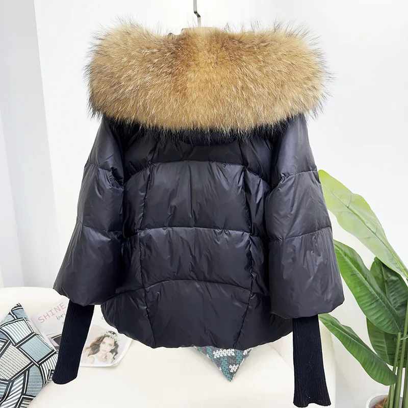New Fashion Real Raccoon Fur Puffer Down Jacket Lady Winter Bubble Jacket Plus Size Women Goose Down Coat