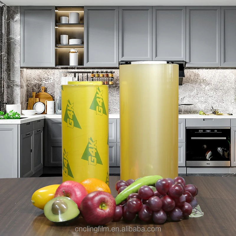 Rollo de pelicula estirable antiniebla de plastico transparente para alimentos, pelicula adhesiva de PVC de 10mic