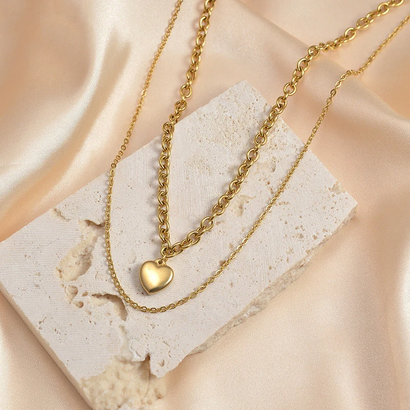 Fashion 18K Gold Plated Jewelry Double Layer Cross O Link Cable Chain Stainless Steel Heart Pendant Necklace