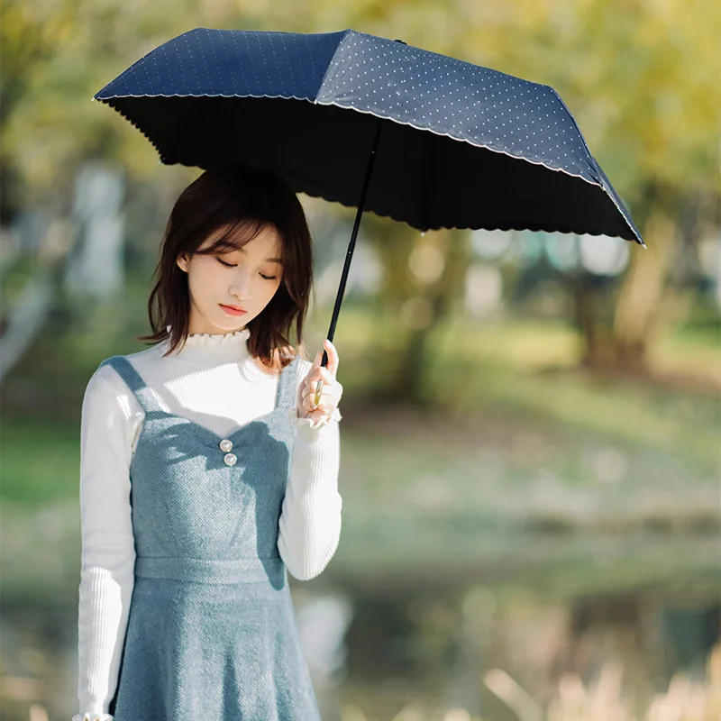 Parasol Polka dots uv umbrella Japanese mini fold sun rain umbrella with golden hook handle
