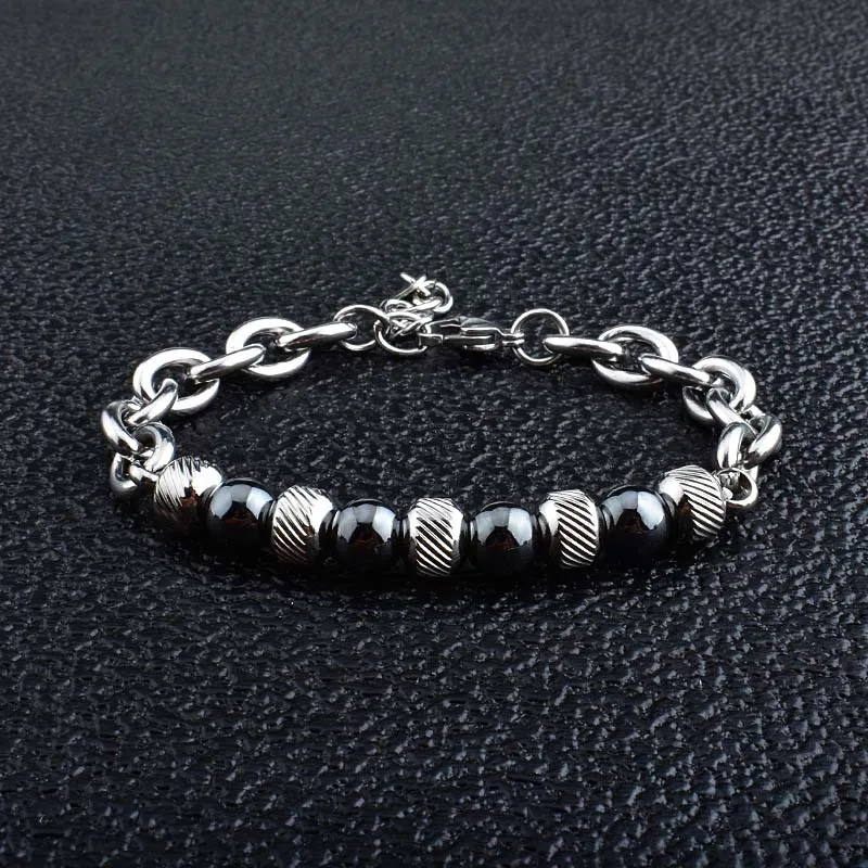 8mm Lava Natural stone  stainless Steel mens bracelets mens beaded bracelets mens STB013