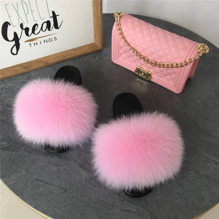 
Fashion Luxury Fur Slippers Set Multicolored Fluffy Real Big Foxfur Slides For Women With Puese Set 