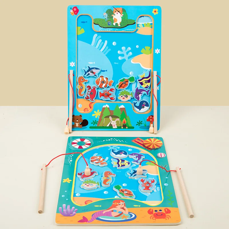 Wooden educational fishing toys magnetic funny fishing game for kids novelty fish toy puzzle preschool
