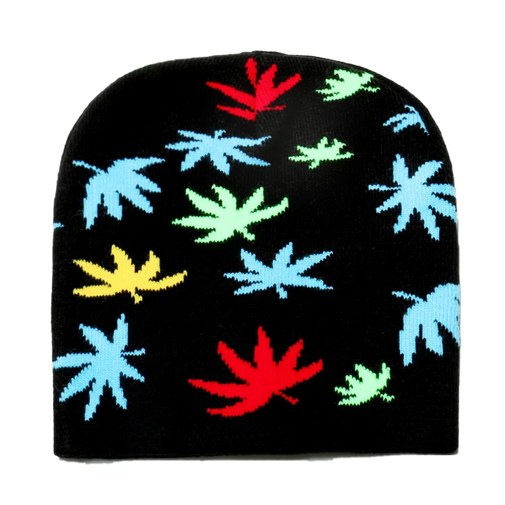 2024 New Men Women Hip Hop Autumn Winter Colorful Green Marijuana Weed Leaf Jacquard Brimless Knitted Warm Beanie Hat for Unisex