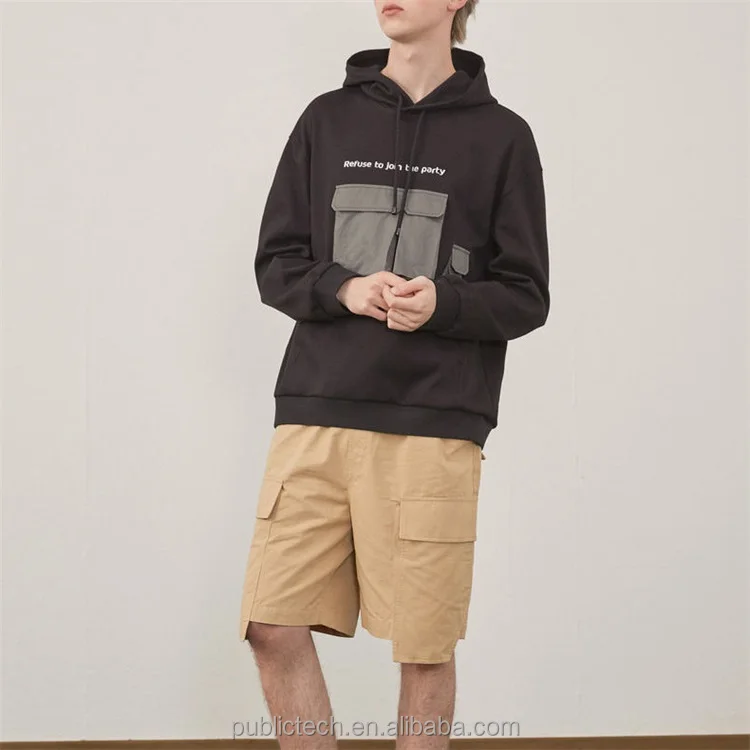 Custom 100% Cotton Draw String Kangaroo Pocket Embroidered Letter Logo Multi Pockets Cargo Color Blocked Men Hoodie