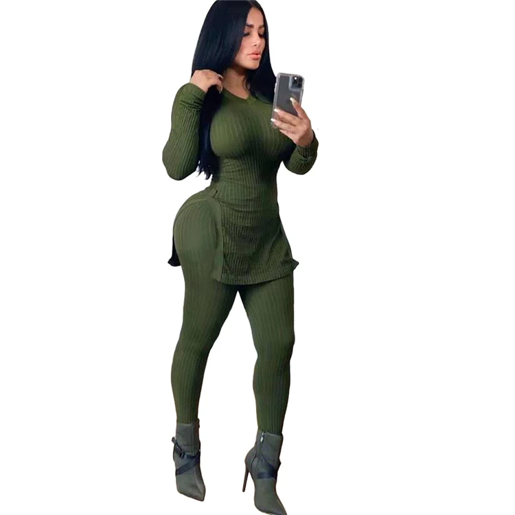 
2020 Latest design Knitted women long sleeve Sexy two piece set women clothing 