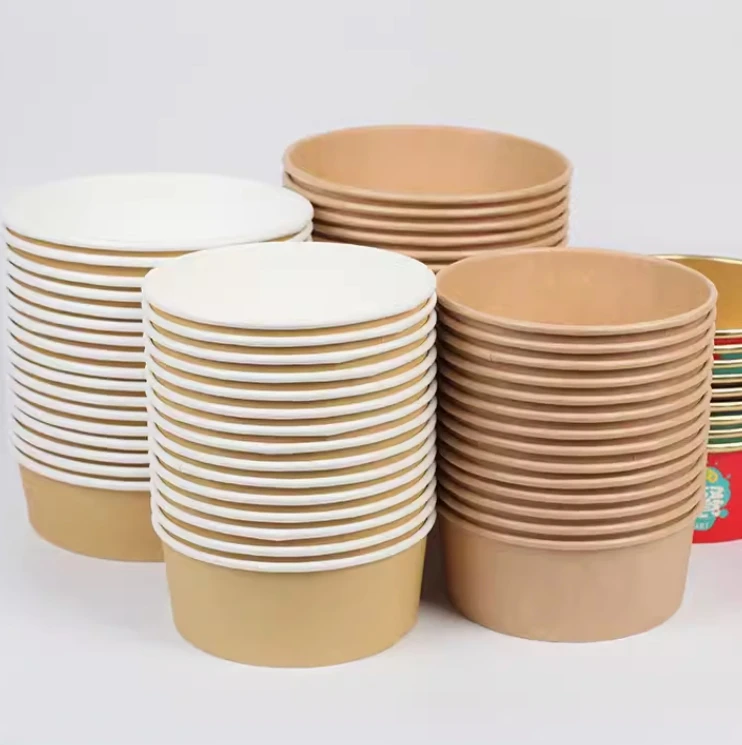 ebelee Food Packaging Cup Custom logo disposable paper salad soup bowls kraft paper container White takeaway Bowl with lids