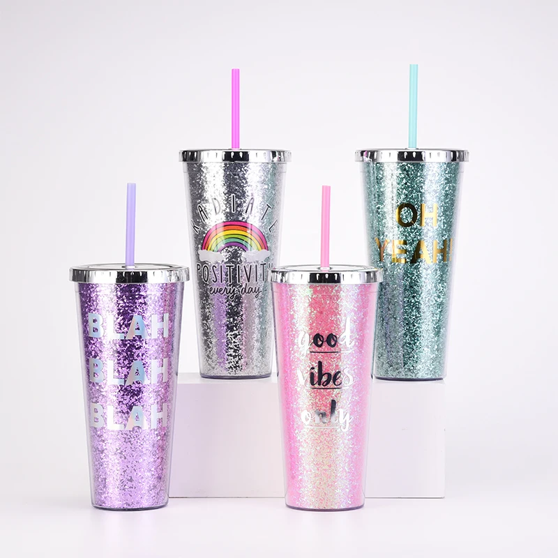 Rainbow Large Capacity 700ml Double Wall Plastic Straw Tumbler Golden Scallion Cloth Suitable for Car Cafes Restaurants Milk