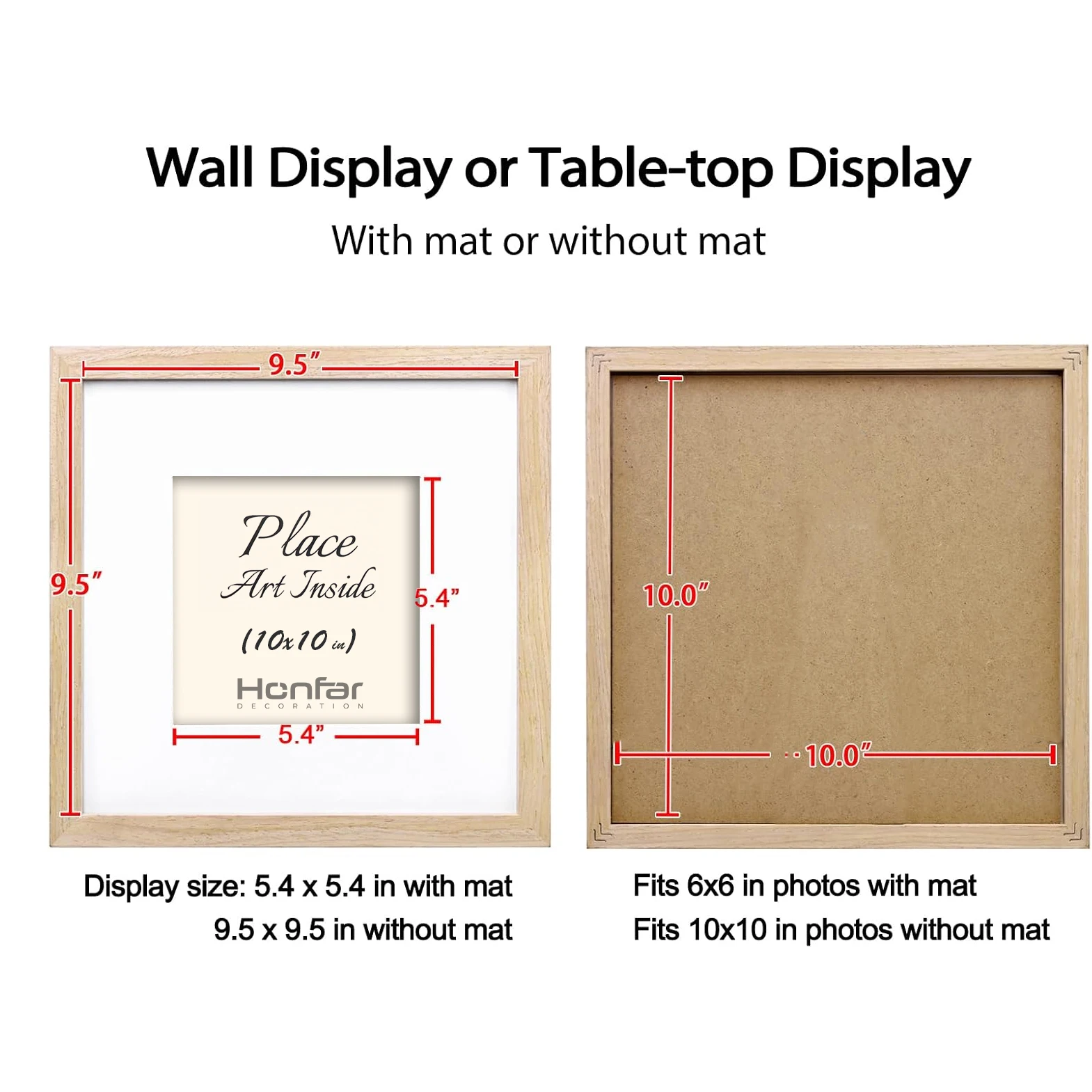 Contemporary touch Plain Solid wood OAK 10 x 10  Square Beige Picture Frame with Mat Square Photo Frame