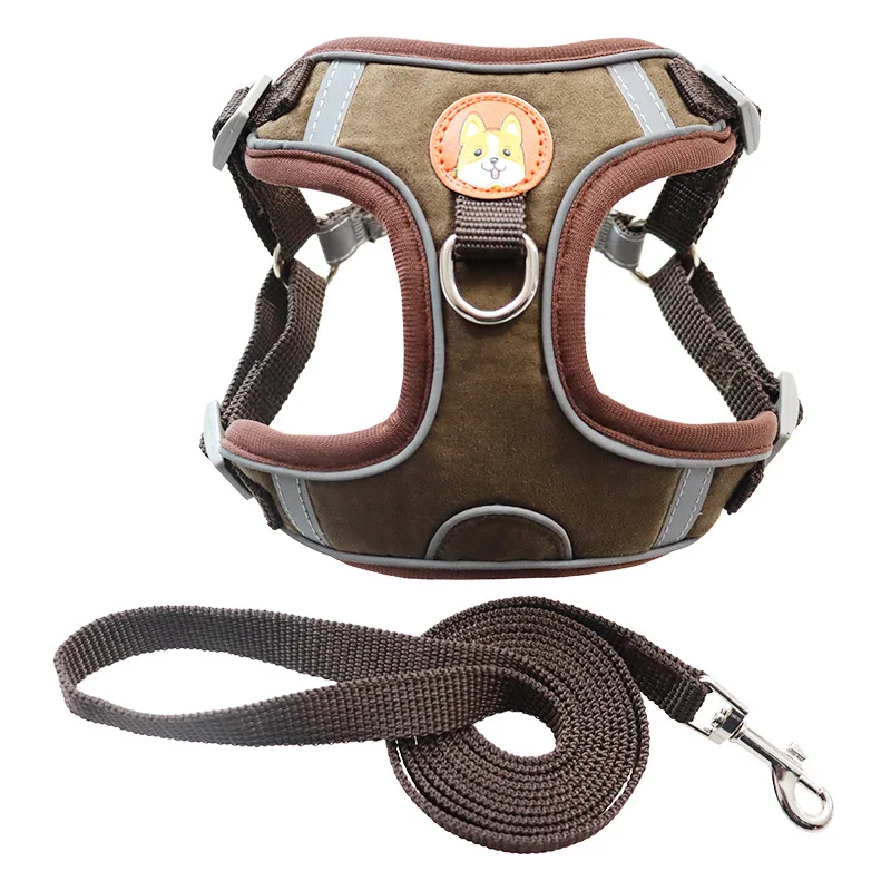 suede breathable lightweight soft 360 degree high visibility reflective anti-rush pet traction chest strap dog harness leash set