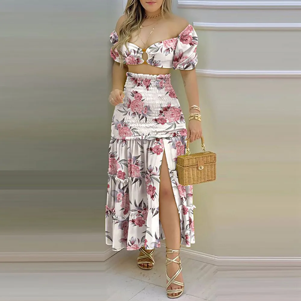 2024 NEW MSR MS569 Hot New Sweet Fashion Solid Color Short-sleeved Color Matching Printed Long Skirt Suit and Blanket Dress
