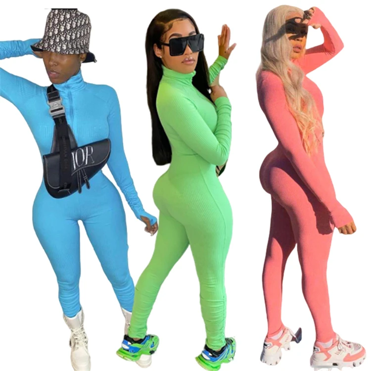
L1001 trendy long sleeve rib knit zipper stacked pants sexy 2020 jumpsuit women rompers 