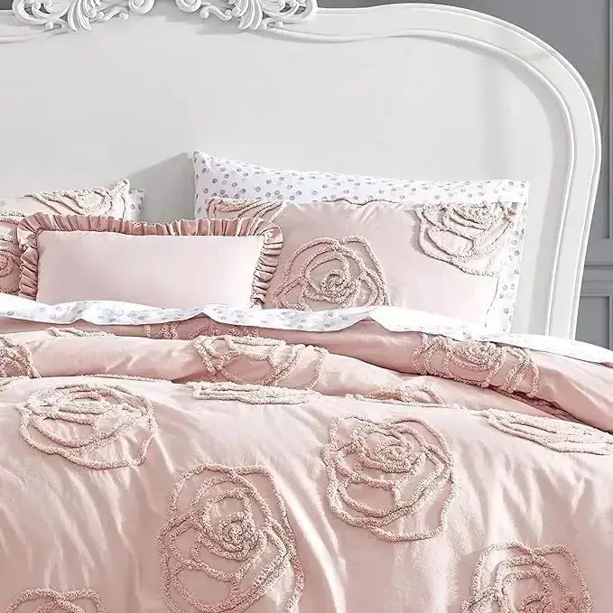 Luxury Light Pink Tufted Duvet Cover Set Cotton Bedding with Matching Sham All Season Home Decor Quilt Cover
