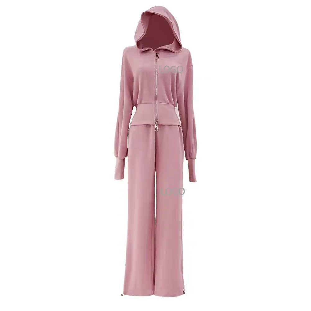 Wholesale Best Quality Soft Long Sleeve Two Piece Cotton Jogger Set Zip Up Hooded Sweatshirt Wide Leg Pants Tracksuit for Women