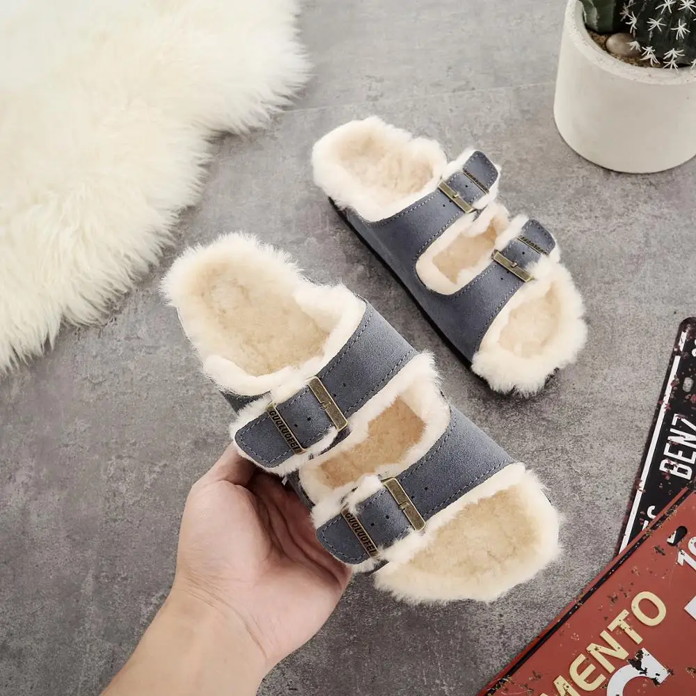 Faux Fur Lined flat slippers for ladies plush cork sole home women slippers