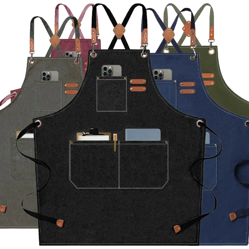 Perfect Chef Uniform Bib Kitchen Custom Apron Denim Cotton Barber Canvas Aprons Men Work Apron with Tool Pockets for Cooking