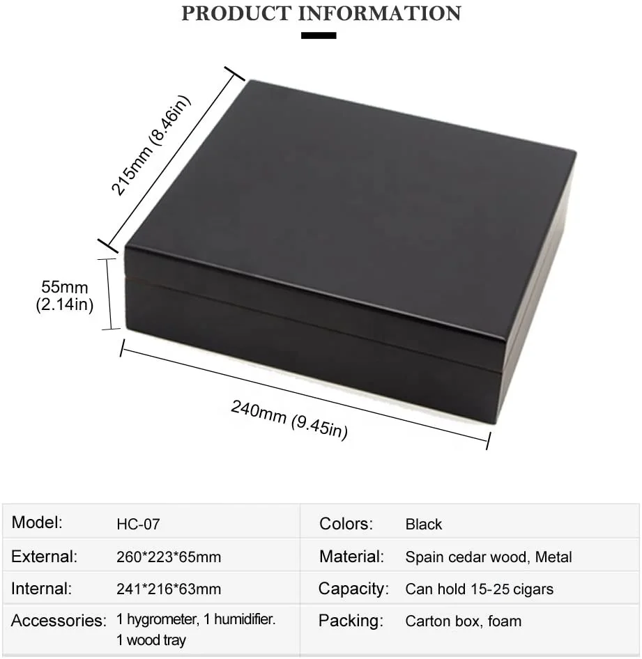 Black Desktop Cigar Humidor Box Humidifier Hygrometer Cedar Lined Holds cigarette case to 20-30 Cigars Box