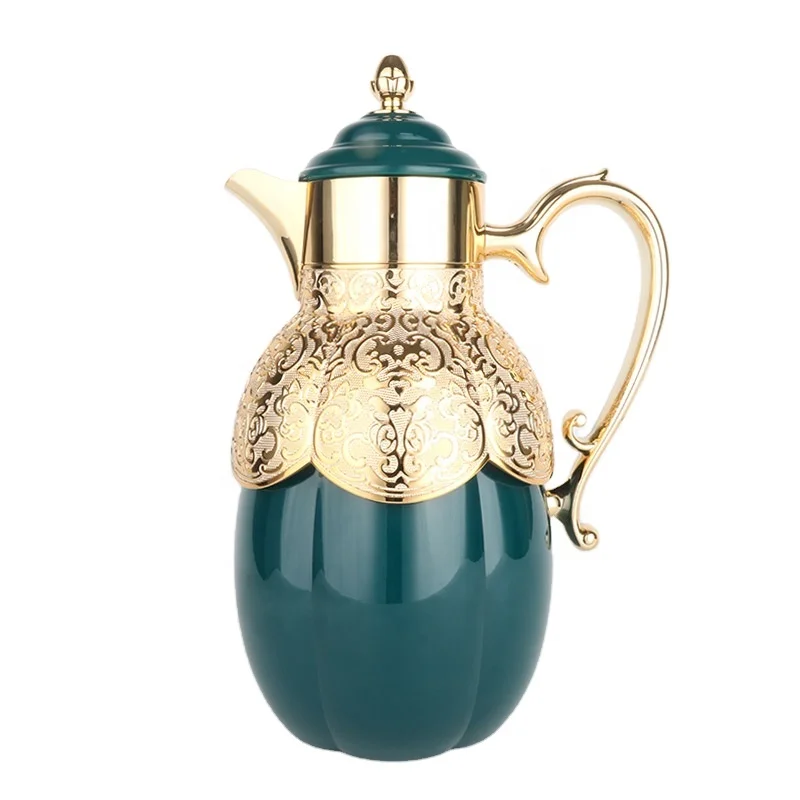 New arrival 1.0 L Dallah Long Spout Pumpkin Shape Green Golden Coating Metal body High Quality Glass Insulated Vacuum Flask