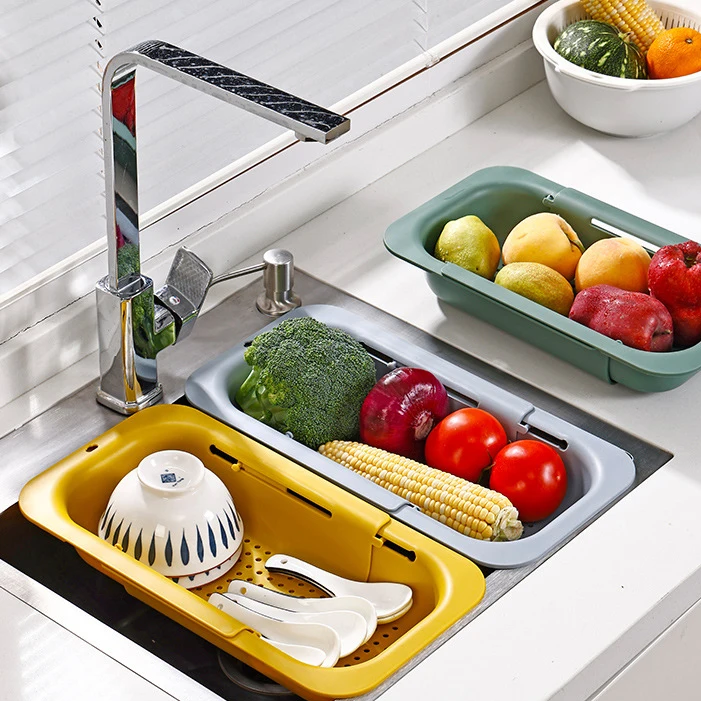 Wash Vegetables Fruits Cooked Pasta Dry Dishes Extendable plastic storage kitchen over the sink strainer colander drain basket