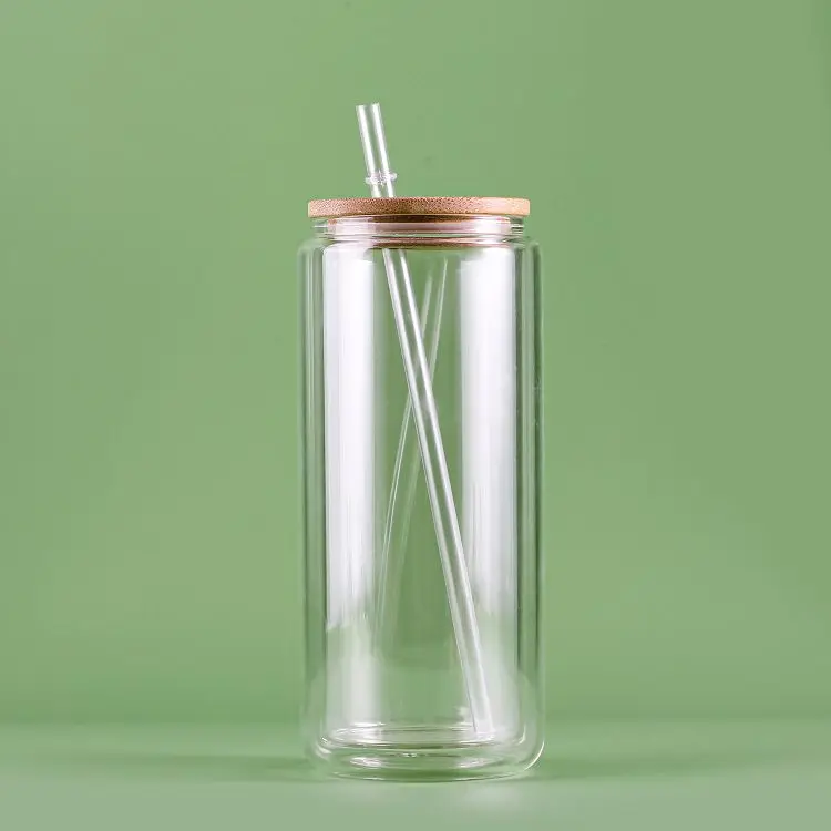 USA WAREHOUSE 16oz 20oz double wall glass snow globe snowglobe   tumbler with bamboo lid and straw