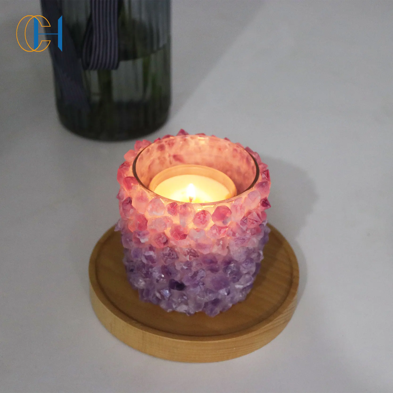 2021 Hot Selling Customized Logo Natural Gemstone Large Empty Container Tall Glass Crystal Candle