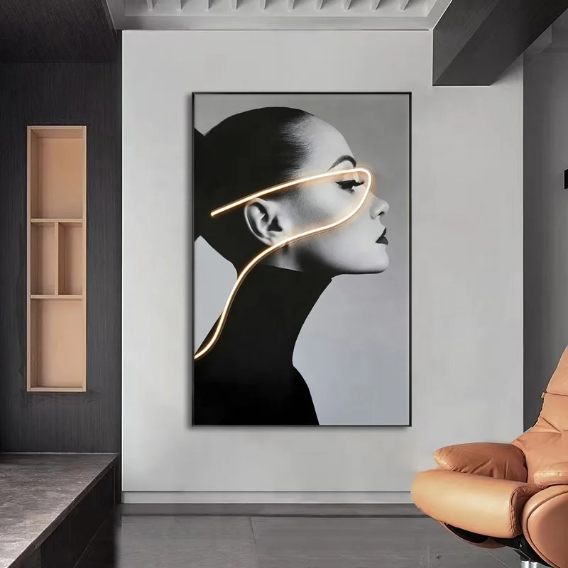 JZ  Living Room Decor Light Up Women Decoration Pictures Canvas Illuminated Wall Painting Led Portraits