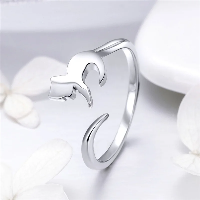 925 Sterling Silver Jewelry Animal Naughty Cat Open Ring For Women