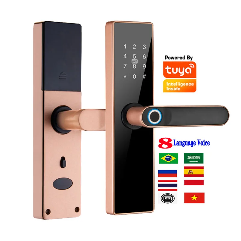 TUYA APP 8 Language Voice WiFi Smart Door Lock Electric Biometric Fingerprint Door Handle Digital Keyless Smart Door Lock