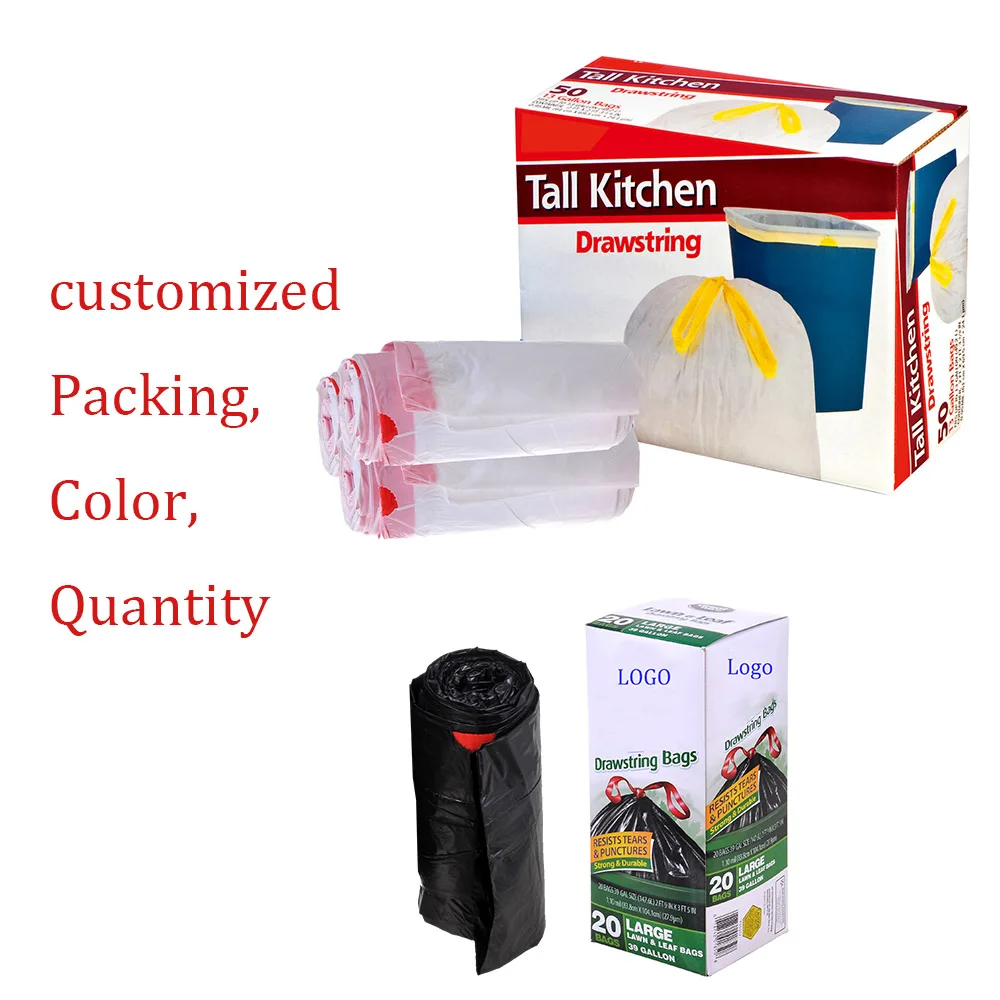 tall kitchen large hdpe white plastic garbage bag dustbin liners trash packaging bags with drawstring on roll