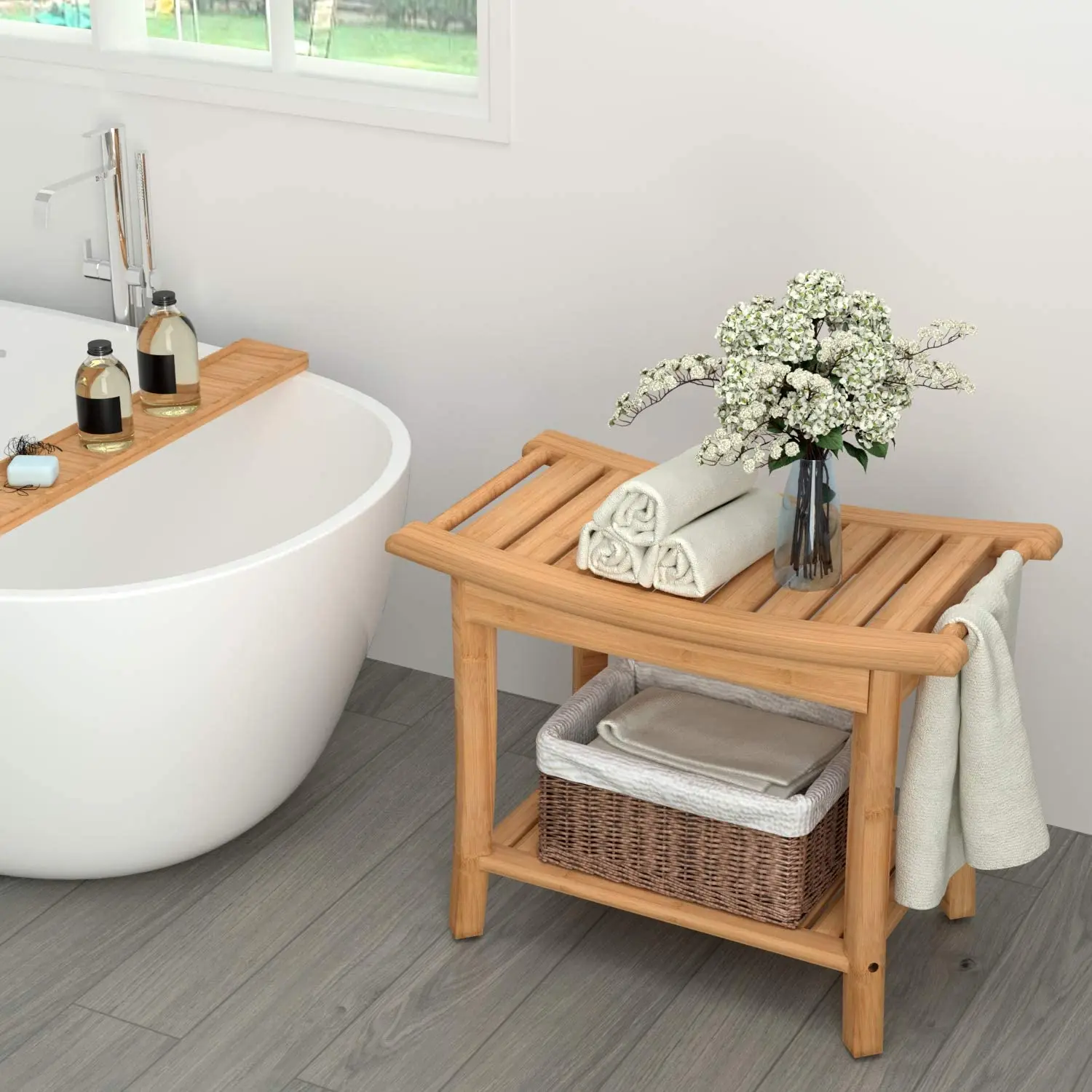 Bamboo Bathroom Shower Bench Stool Non Slip Indoor Outdoor Chairs Waterproof Wooden Bath Spa Bathroom Storage Organizer