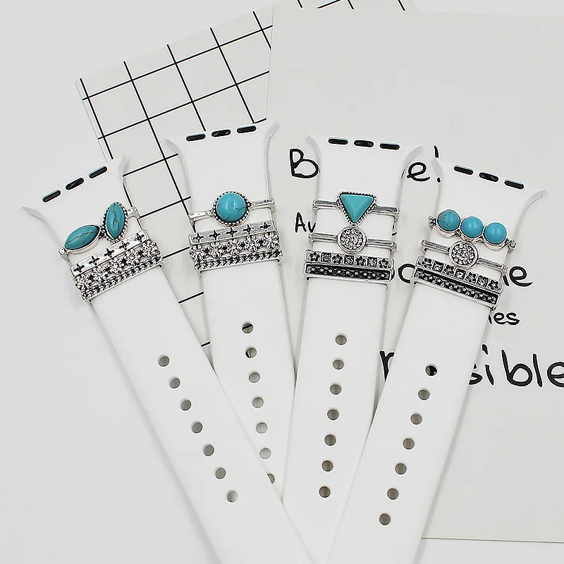 Silicone watch band Decorative Ring withTurquoise watchband charms For Apple Watch