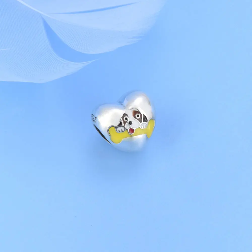 Customized Your Logo 925 Sterling Silver dog and its bone Heart Bead Charm For Bracelet Fashion DIY Women Jewelry making amulet