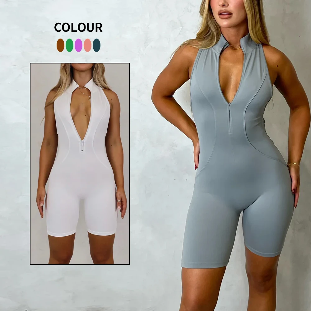 Hot Summer One Piece Activewear Summer Workout Bodysuit  Zip Cut Out Open Back Sports Yoga Gym Fitness Set Short Jumpsuit