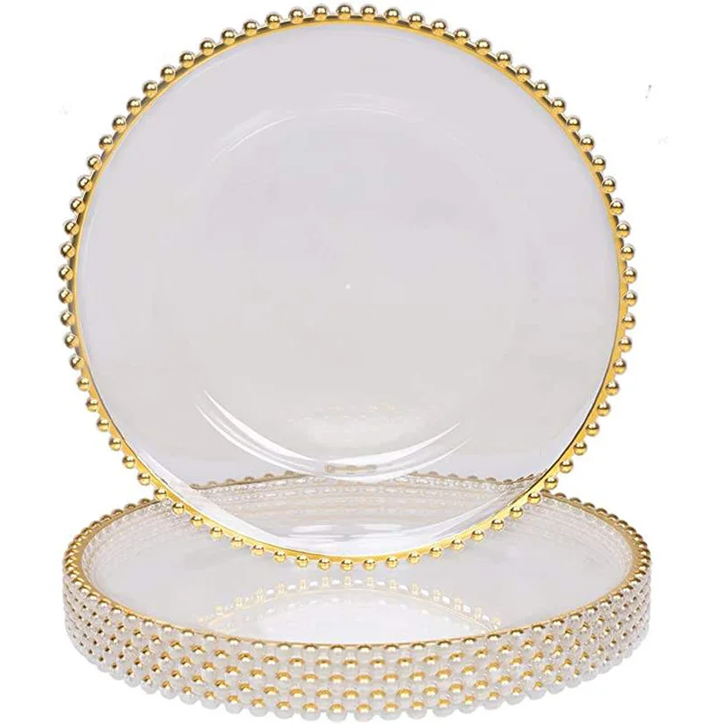 Hot Sale Wedding Decoration 13 Inch Round Clear Gold Rim Plastic Charger Plate With Gold Silver Black Beads