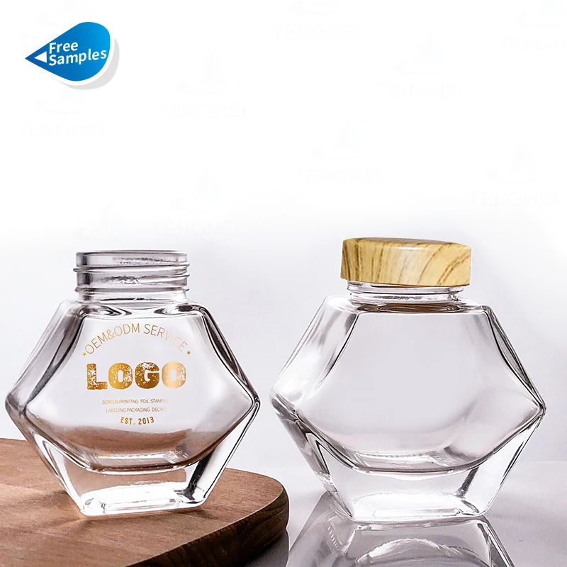 Hexagon Thick Clear 100ml 200ml 300ml Glass Jars Hexagonal Honey Jam Food Containers with Metal Plastic Screw Lids