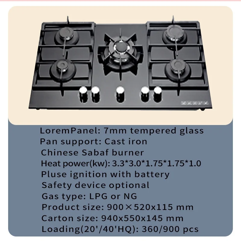 Quality 5 Burner Gas Stove Black Built-in Gas Hob Heavy Cast Iron Tempered Glass Kitchen Appliance for Outdoor RV Use Made China