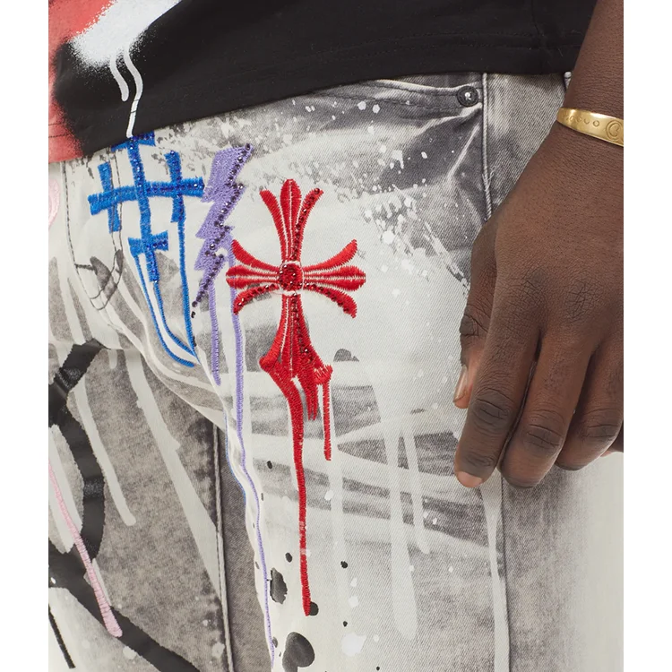 Fashion High Quality Stylish Light Color Unity Rhinestone Letter Dripping Design Jean Long Pants Men